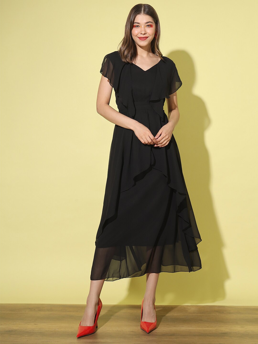 

AUCREATIONS V-Neck Flared Sleeves Georgette Flared Maxi Dress, Black