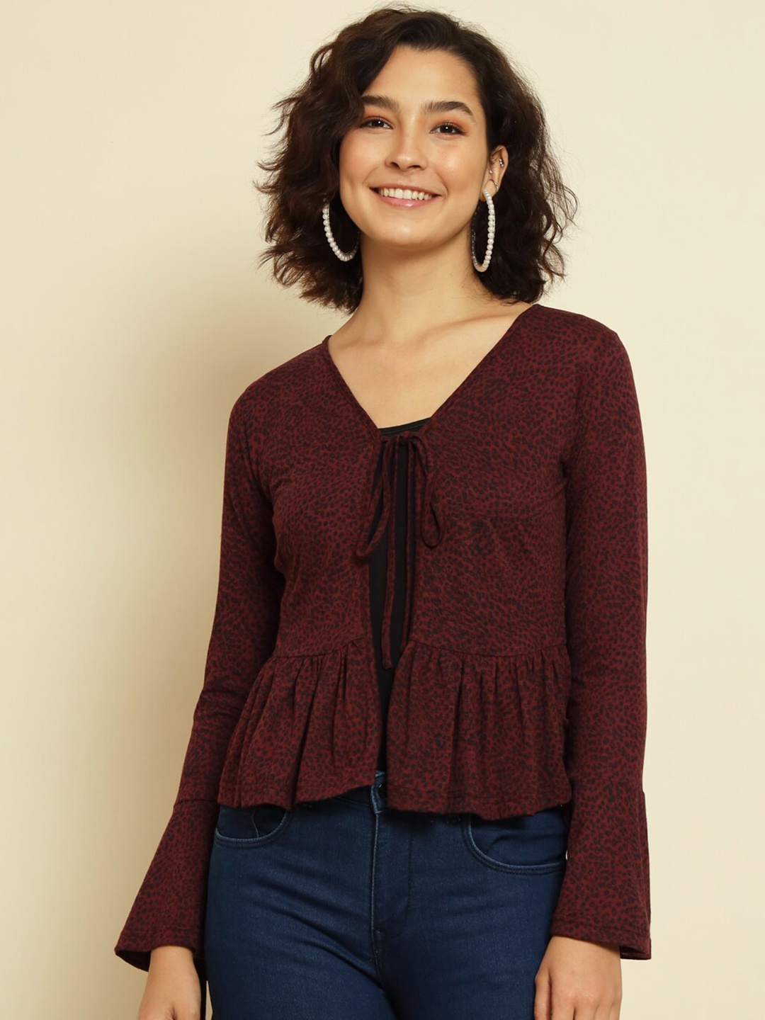 

Trend Arrest Animal Printed Cotton Tie-Up Shrug, Maroon