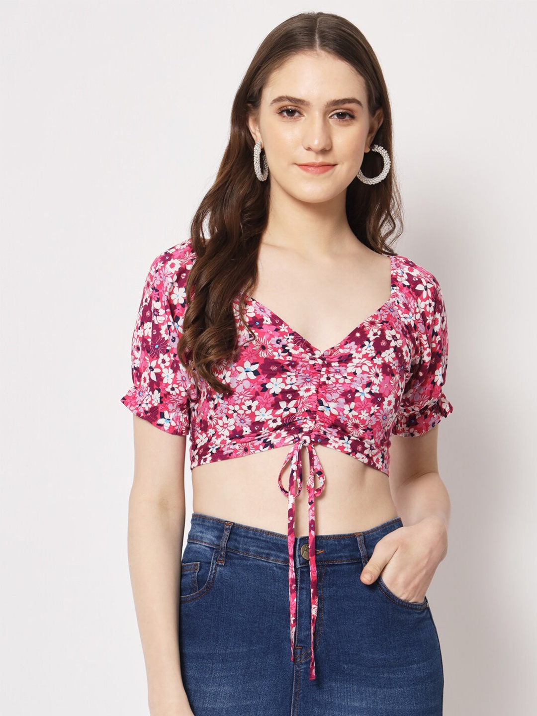 

Trend Arrest Floral Printed Puffed Sleeves Ruched Crop Top, Pink