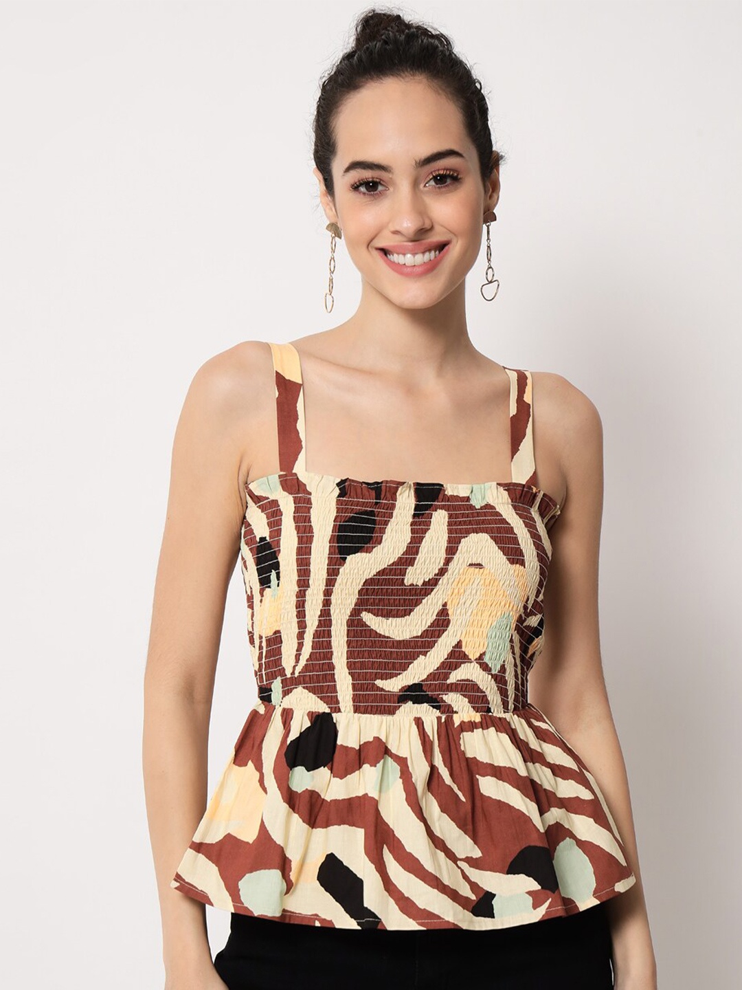 

Trend Arrest Abstract Printed Shoulder Straps Smocked Cotton Peplum Top, Brown