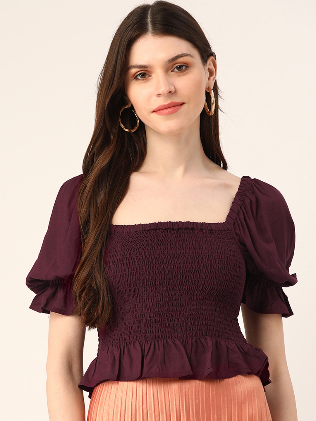 

Trend Arrest Square Neck Puffed Sleeves Smocked Crop Top, Burgundy