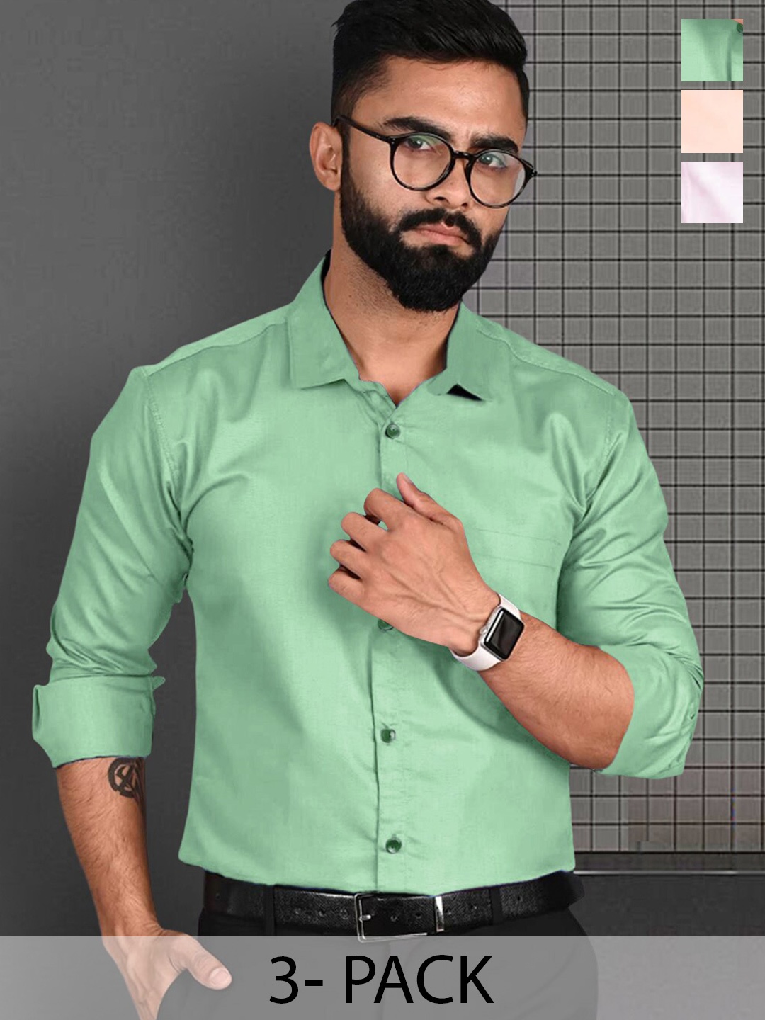 

7Threads Pack Of 3 Standard Fit Long Sleeve Formal Shirt, Green
