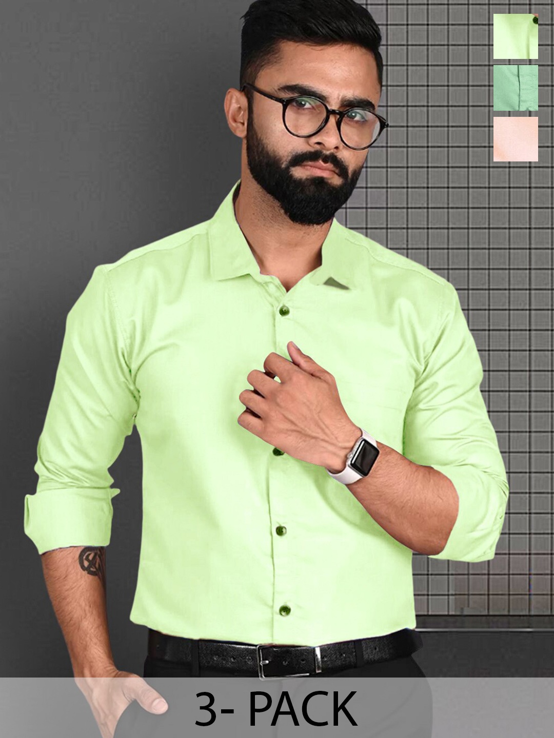 

7Threads Standard Pack Of 3 Cotton Casual Shirts, Green