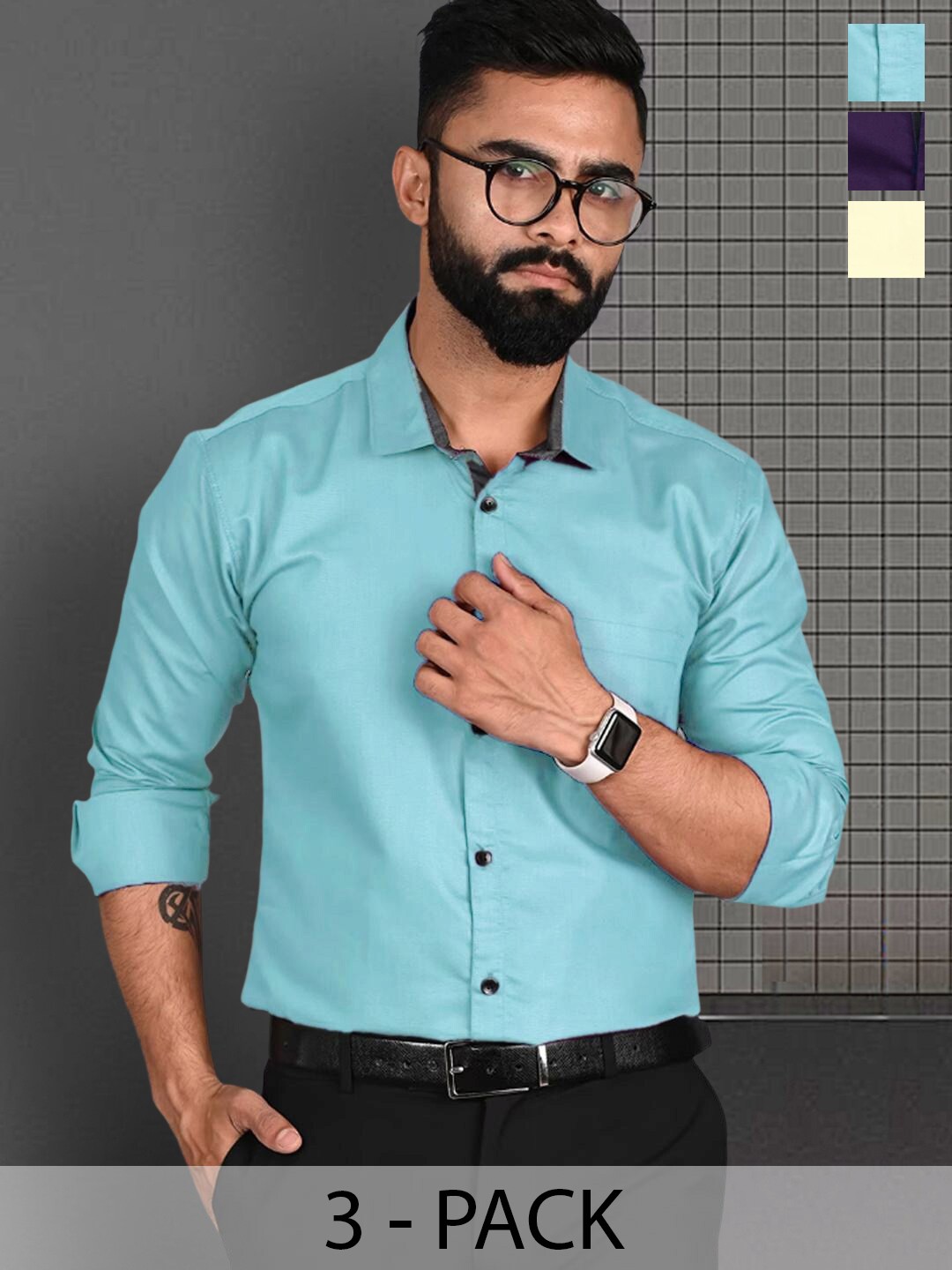 

7Threads Pack of 3 Standard Spread Collar Long Sleeves Formal Shirt, Blue