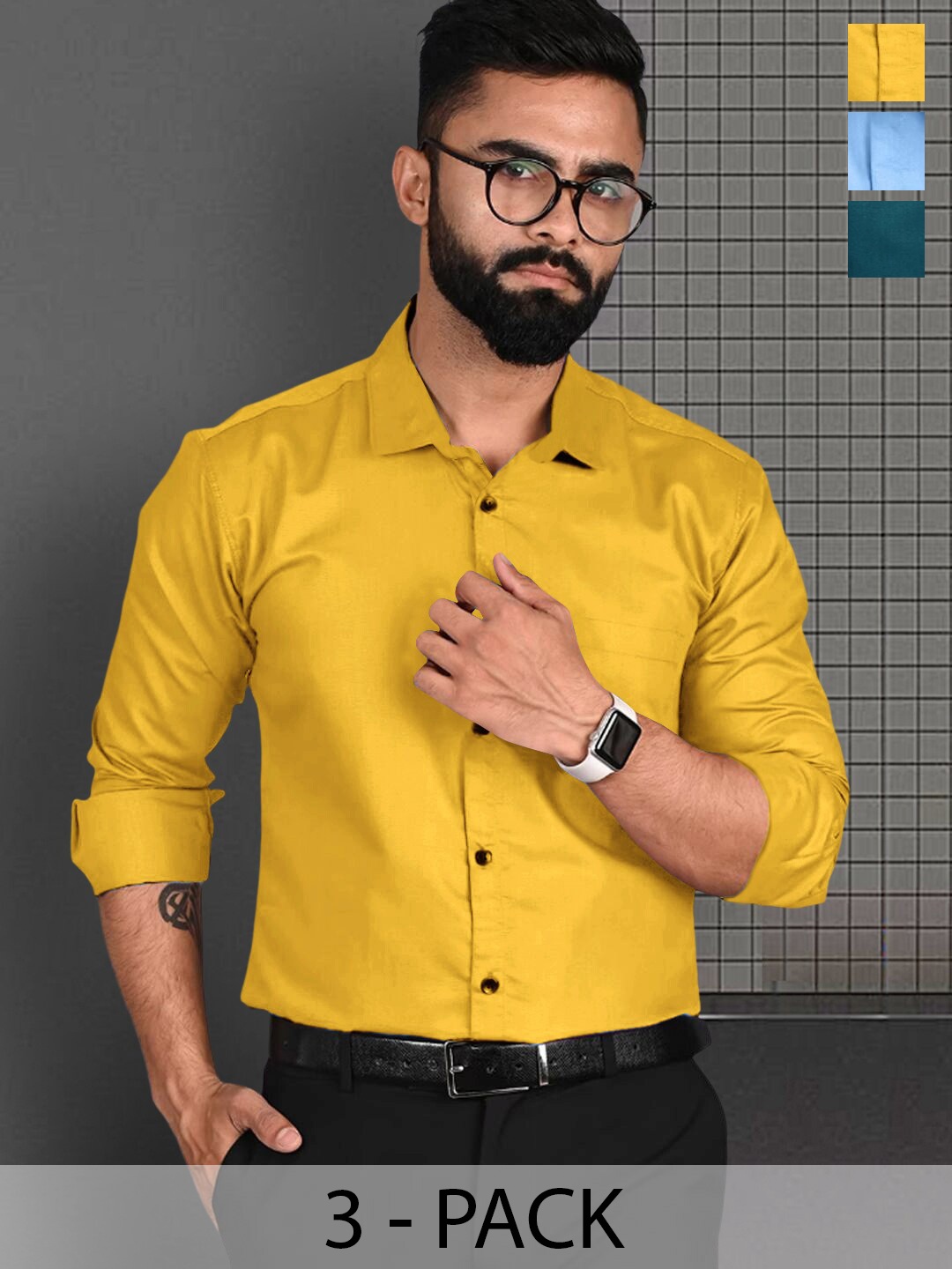 

7Threads Pack Of 3 Standard Fit Long Sleeve Formal Shirt, Yellow