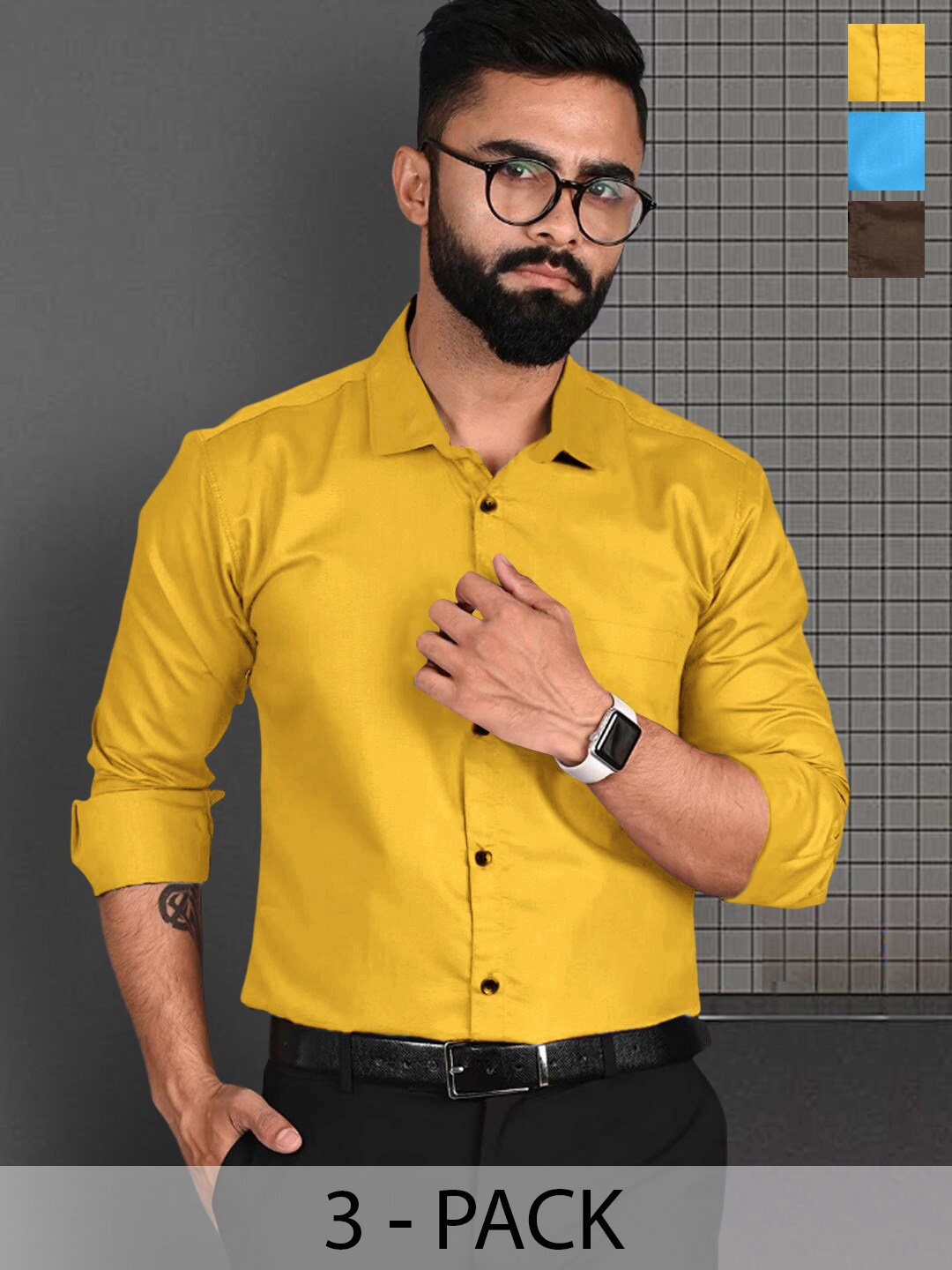 

7Threads Pack of 3 Standard Spread Collar Long Sleeves Formal Shirt, Yellow