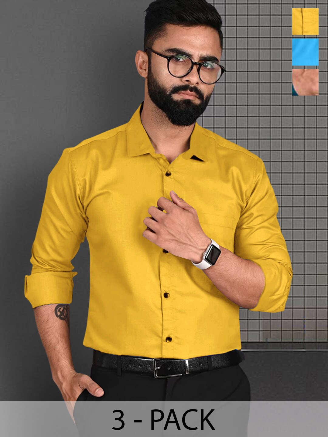 

7Threads Pack of 3 Standard Spread Collar Long Sleeves Casual Shirt, Yellow