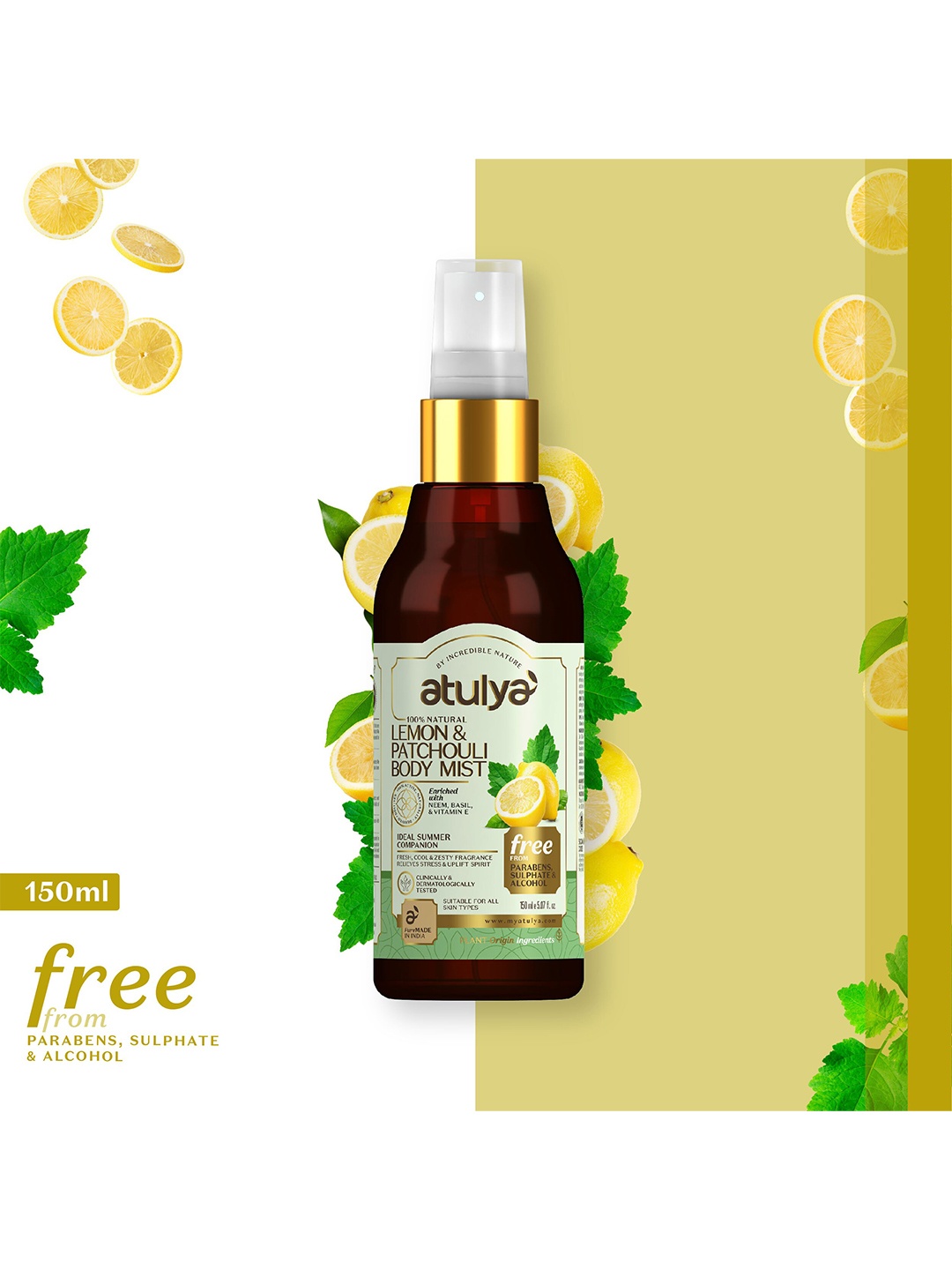 

Atulya Lemon & Patchouli Body Mist - 150ml, Yellow