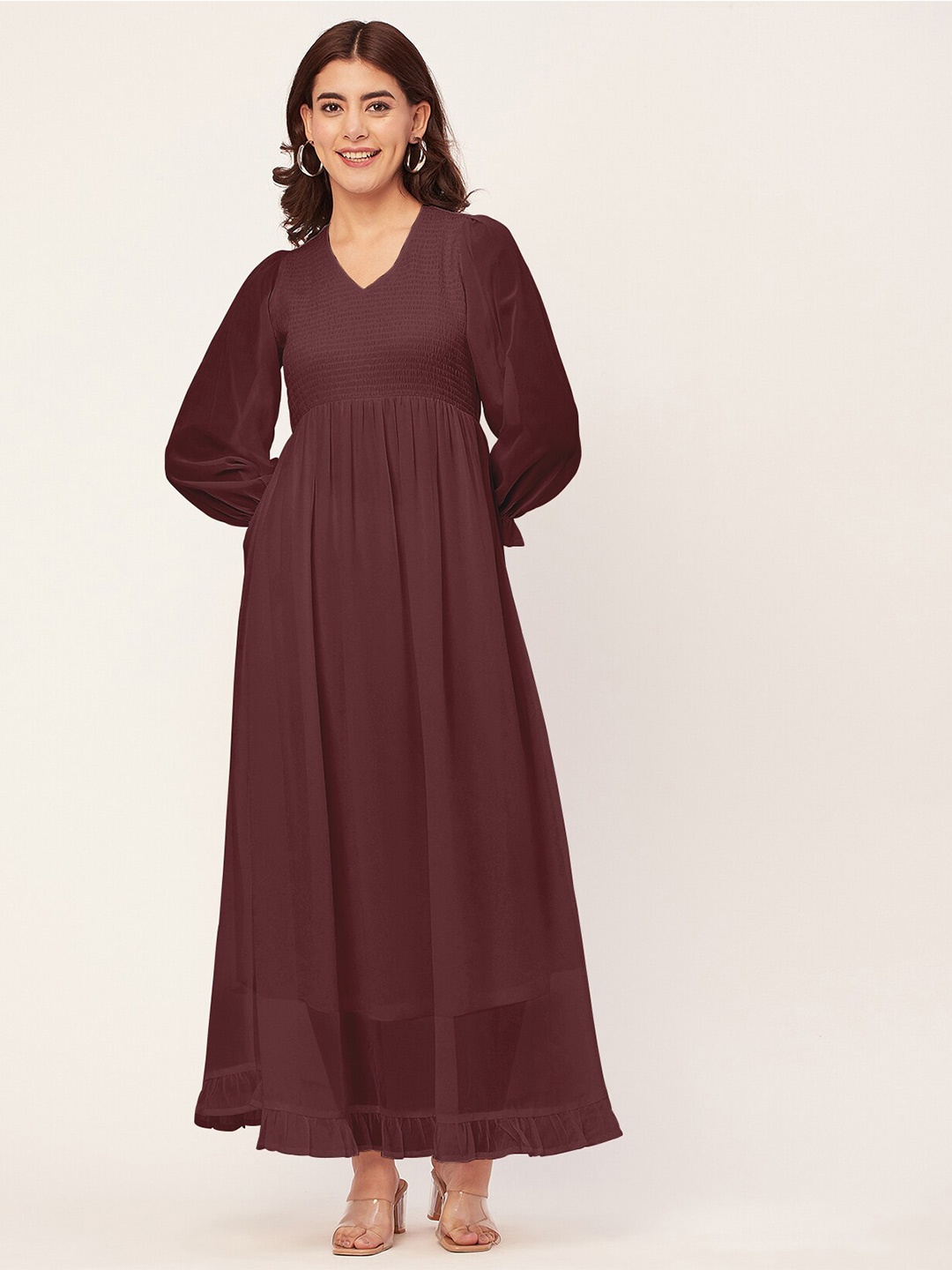 

Moomaya Long Sleeves V Neck Empire Dress, Brown