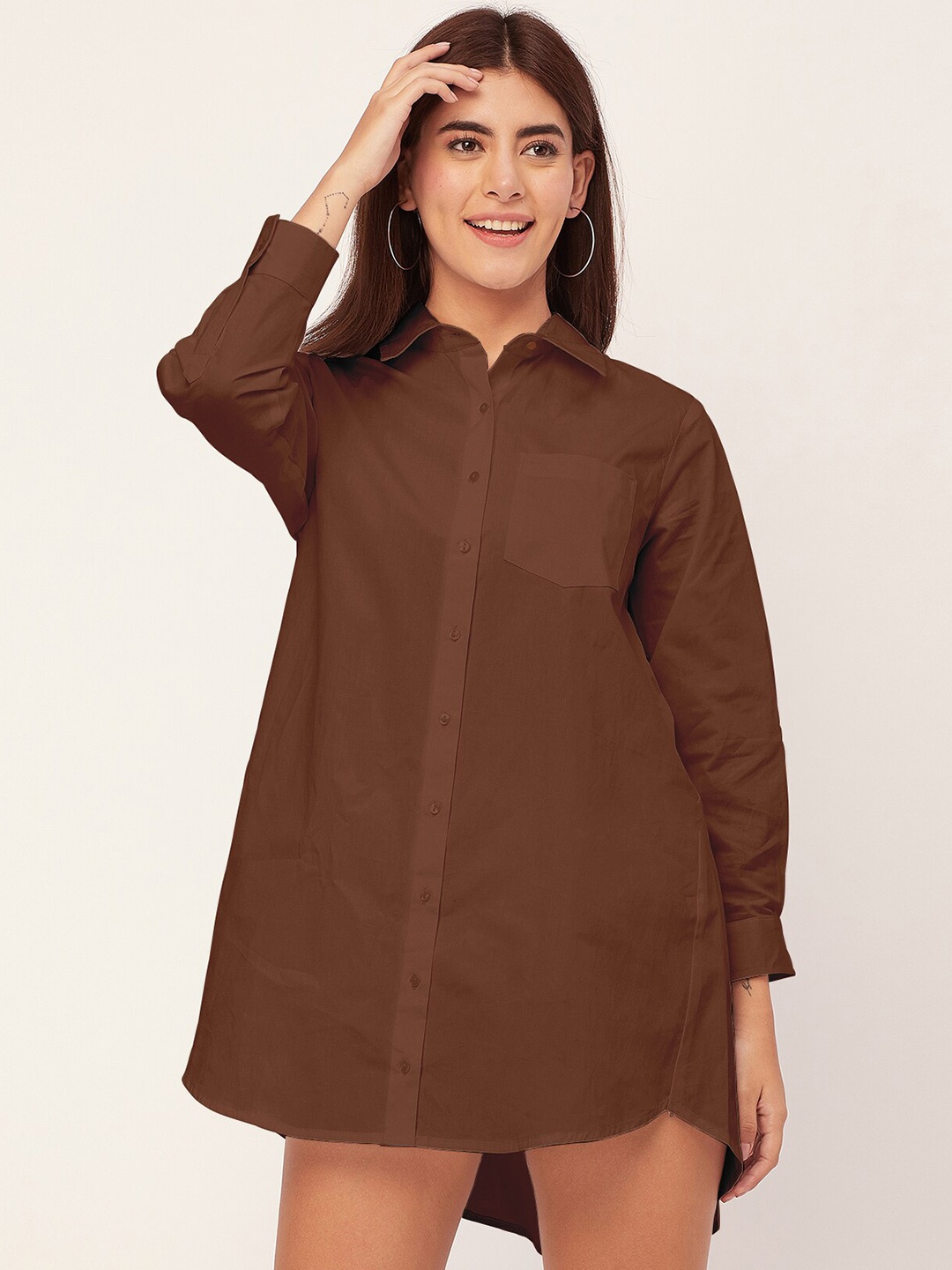 

Moomaya Mandarin Collar Long Sleeves Cotton Shirt Dress, Brown