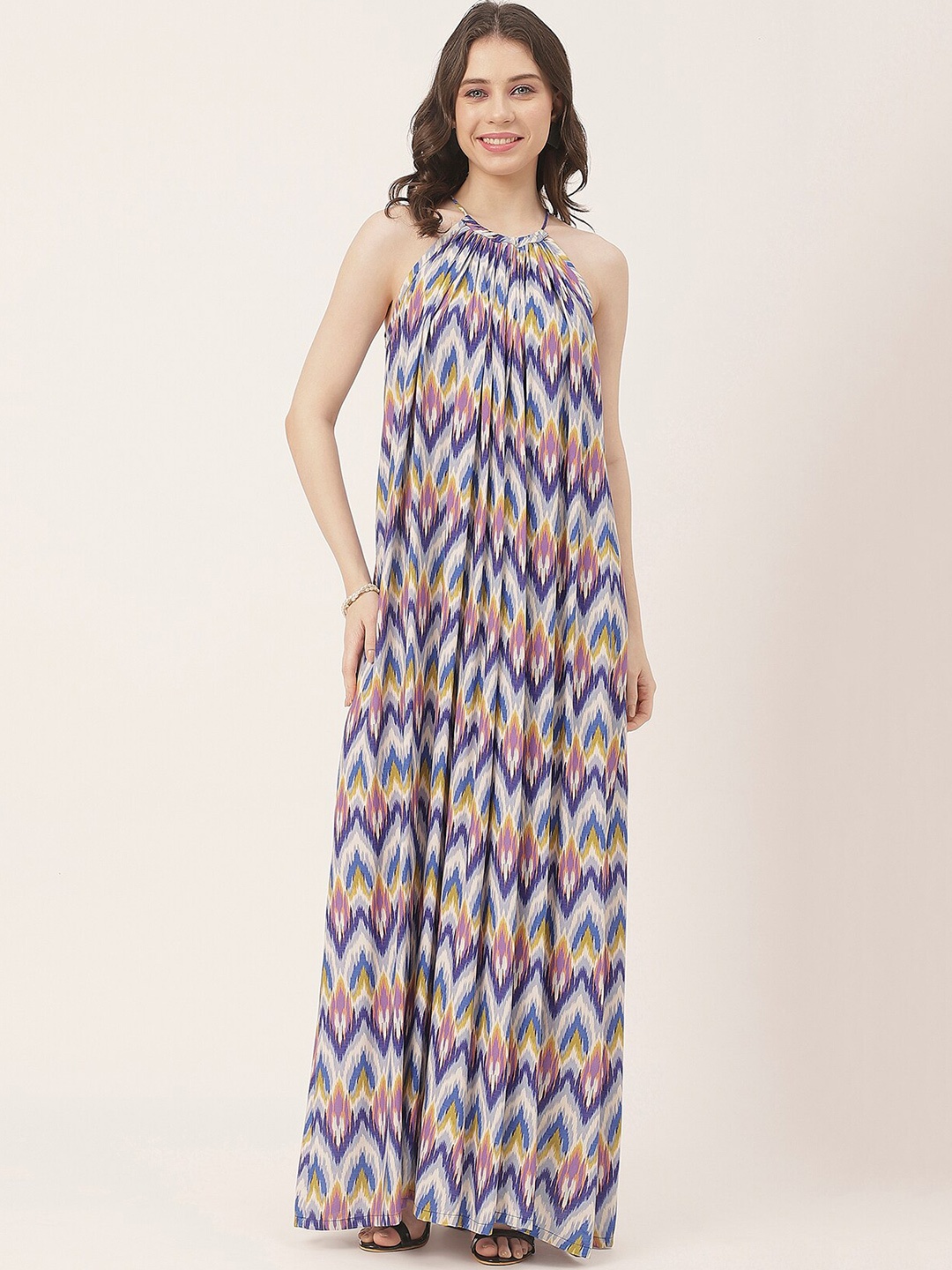 

Moomaya Geometric Printed Halter Neck Maxi A-Line Dress, Blue