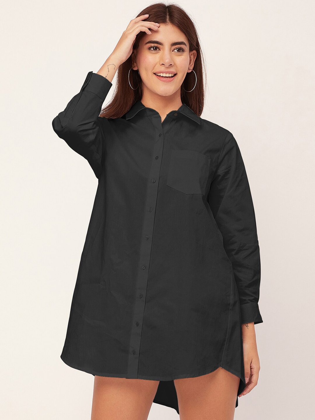 

Moomaya Long Sleeves Shirt Collar Cotton Shirt Dress, Black