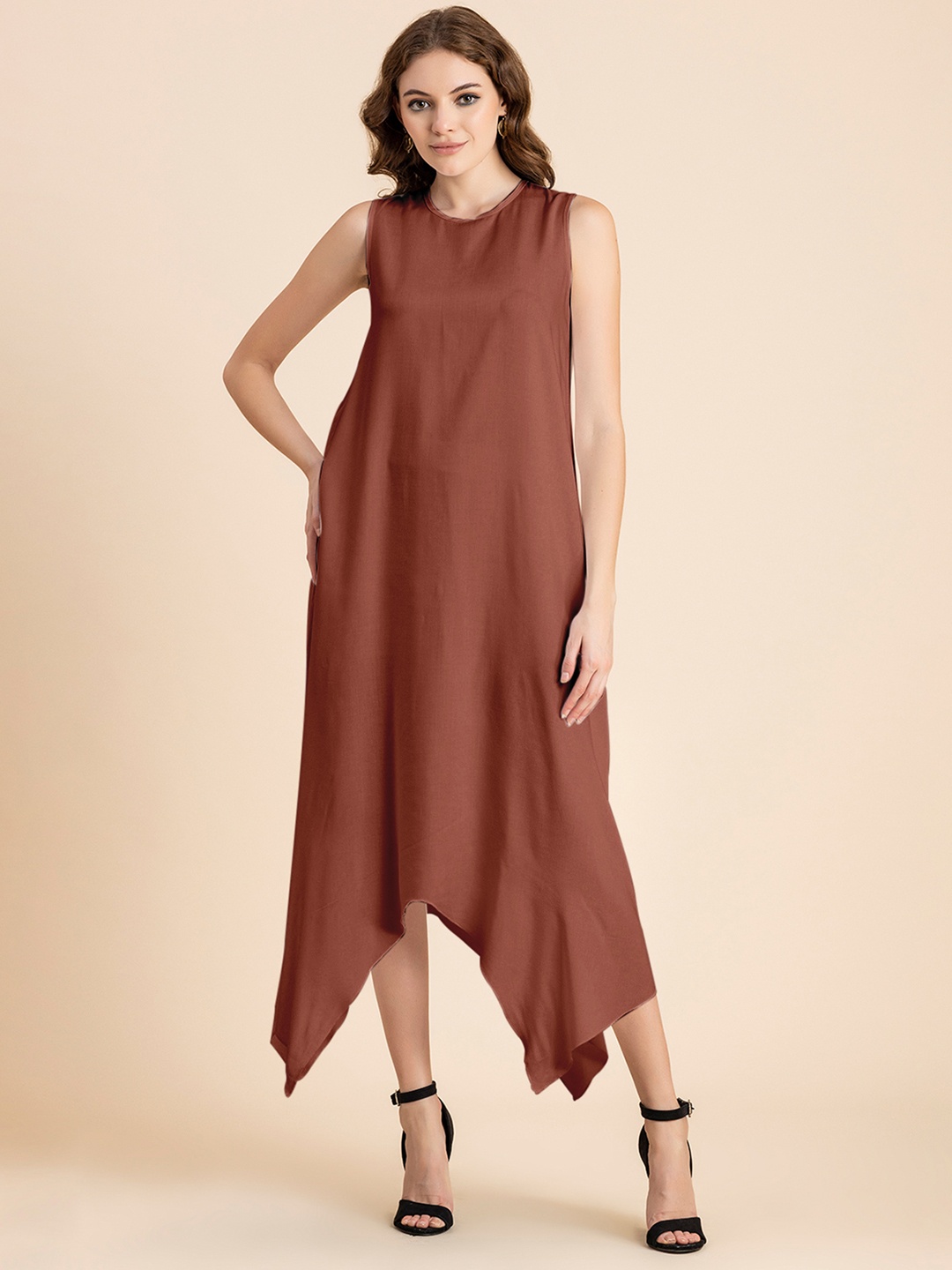 

Moomaya Round Neck A-Line Asymmetric Midi Dress, Peach