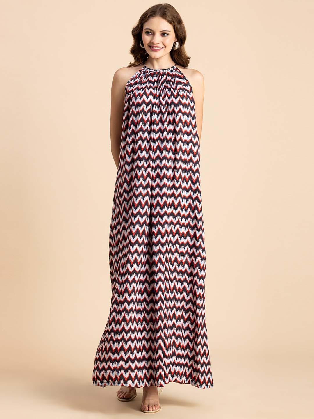 

Moomaya Chevron Printed Halter Neck Maxi Dress, Black