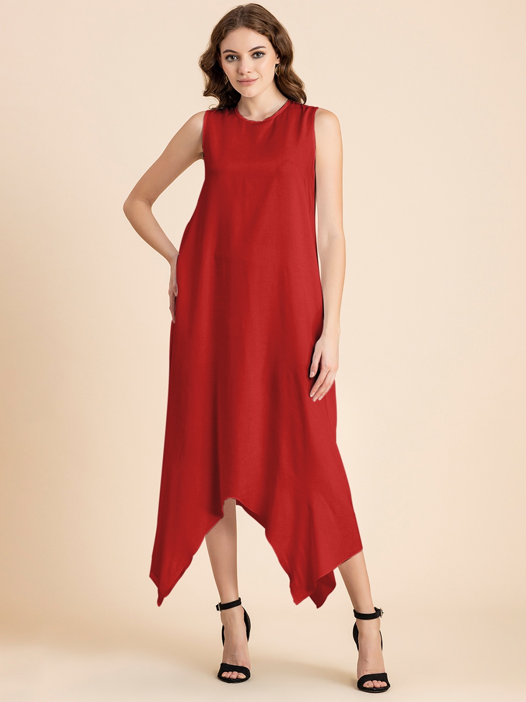 

Moomaya Round Neck A-Line Asymmetric Midi Dress, Red