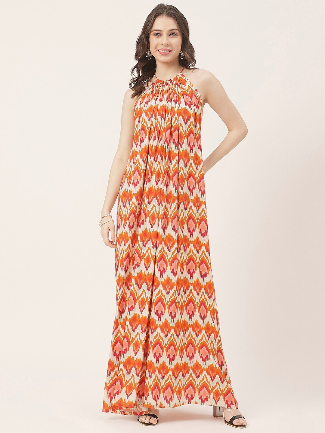 

Moomaya Geometric Printed Halter Neck Maxi A-Line Dress, Orange