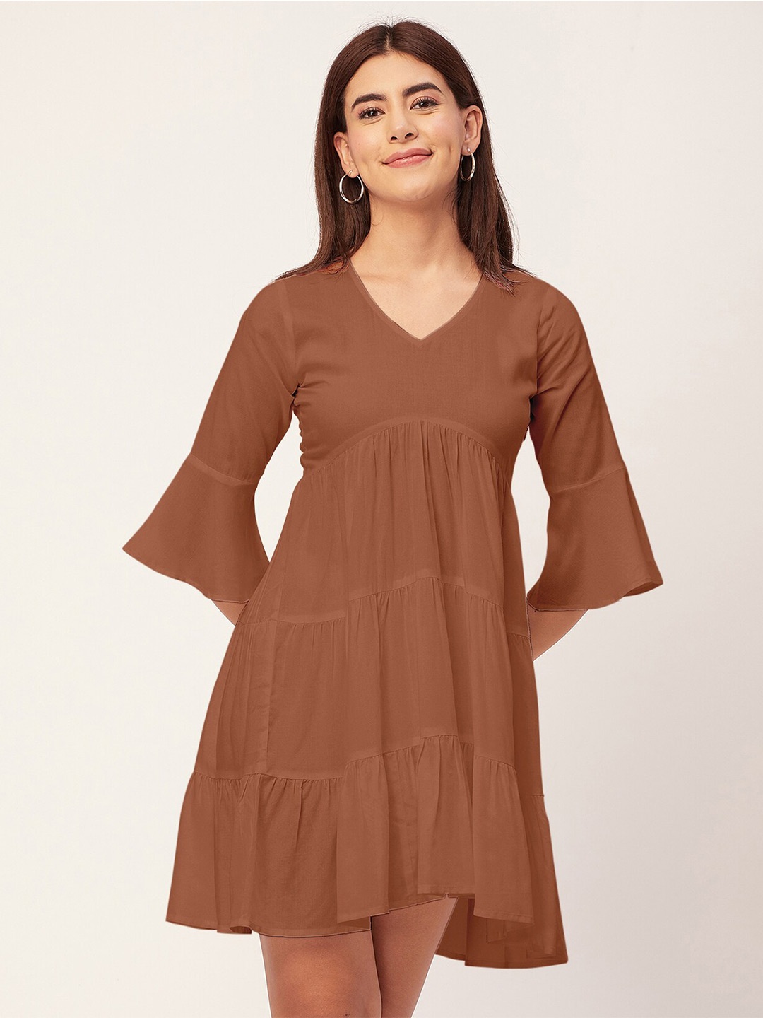 

Moomaya Bell Sleeve V Neck Tiered Dress, Rust