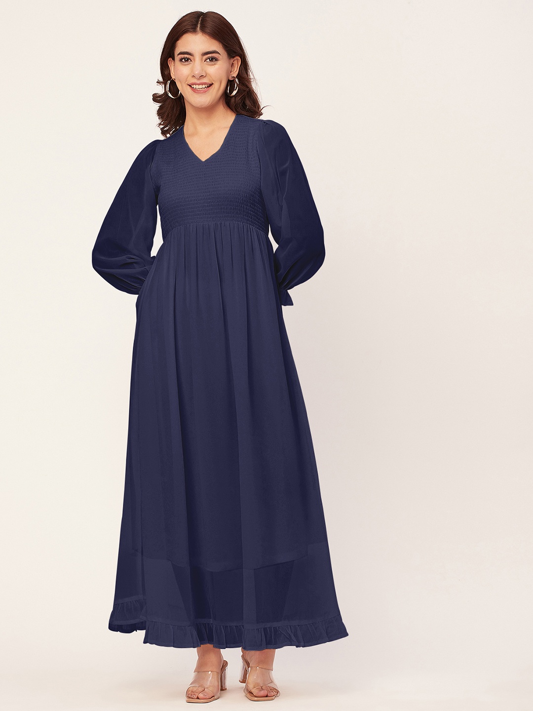 

Moomaya Flared Sleeve Georgette Maxi Empire Dress, Navy blue