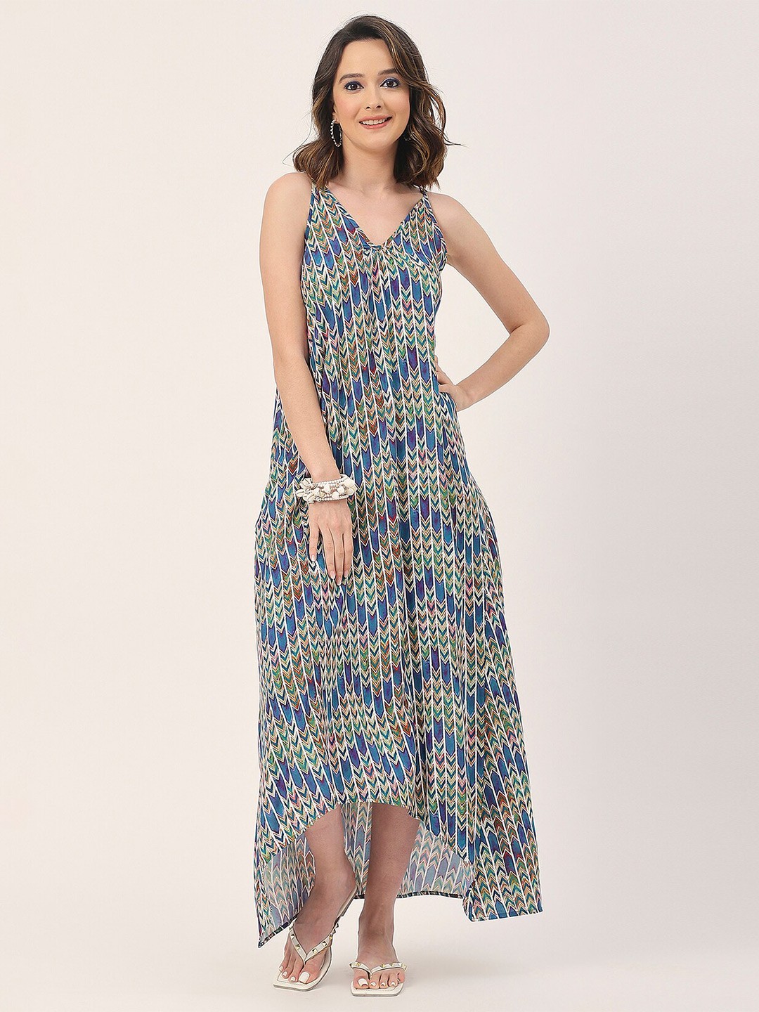 

Moomaya Geometric Printed V Neck Sleeveless Maxi High Low Dress, Green
