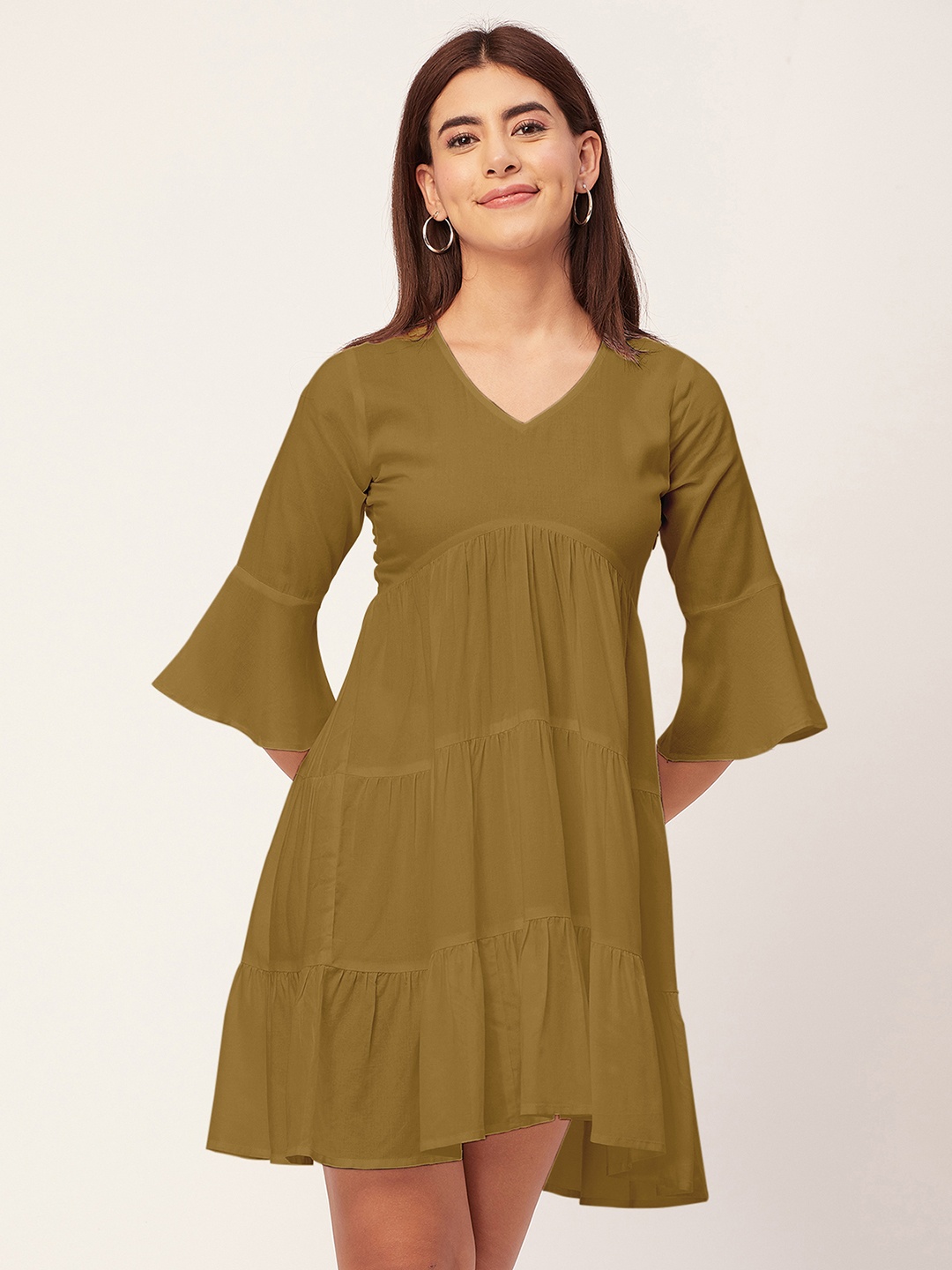 

Moomaya Bell Sleeve V Neck Tiered Dress, Mustard