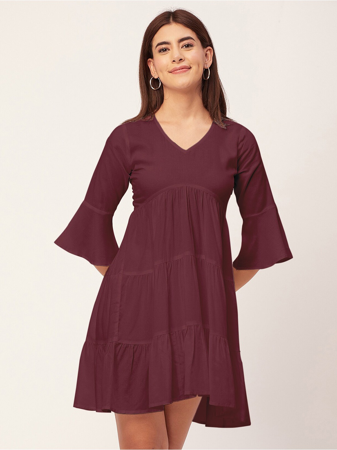 

Moomaya Bell Sleeve V Neck Tiered Dress, Burgundy