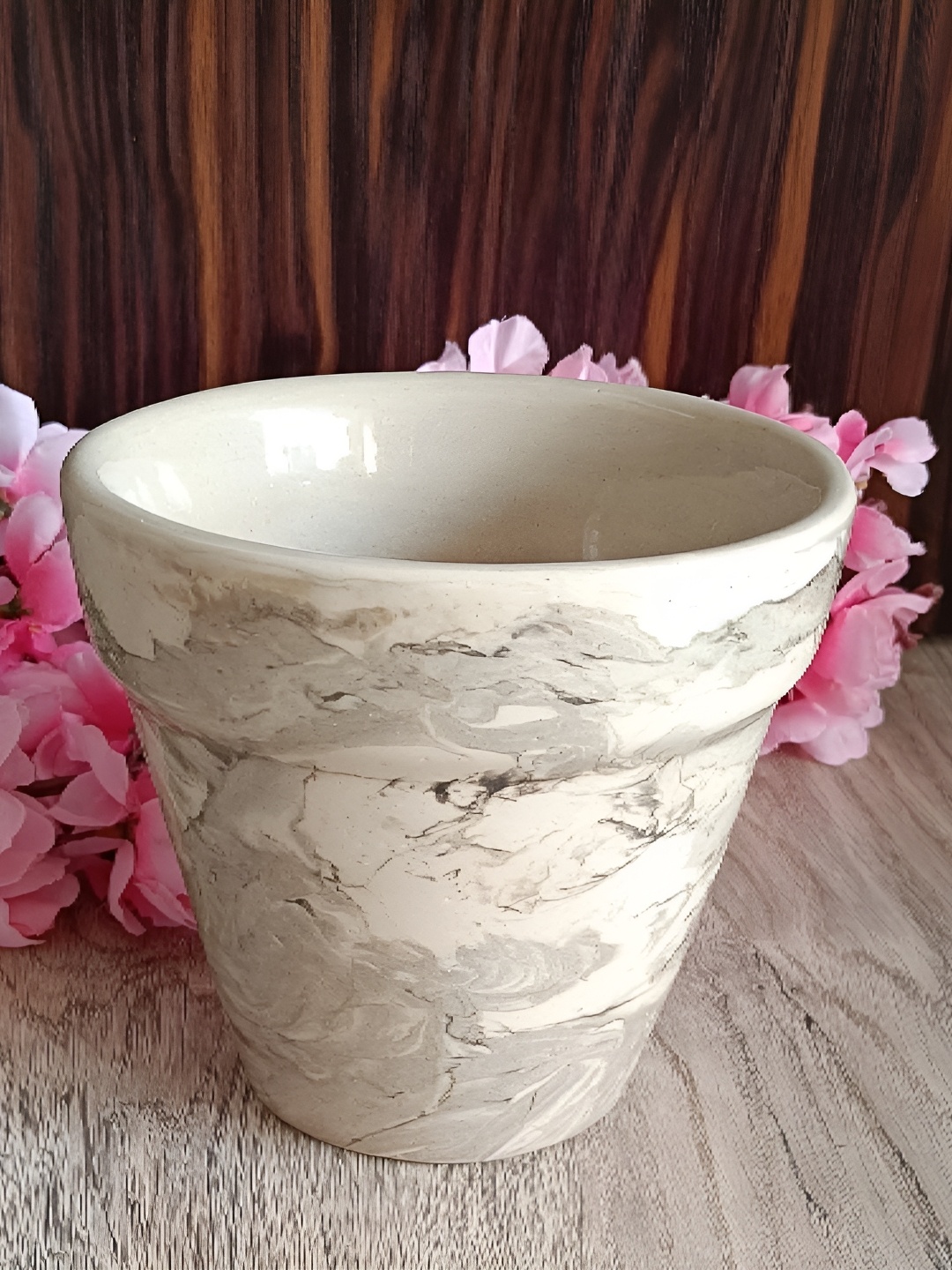 INDIA MEETS INDIA Grey & Cream Printed Ceramic Planter