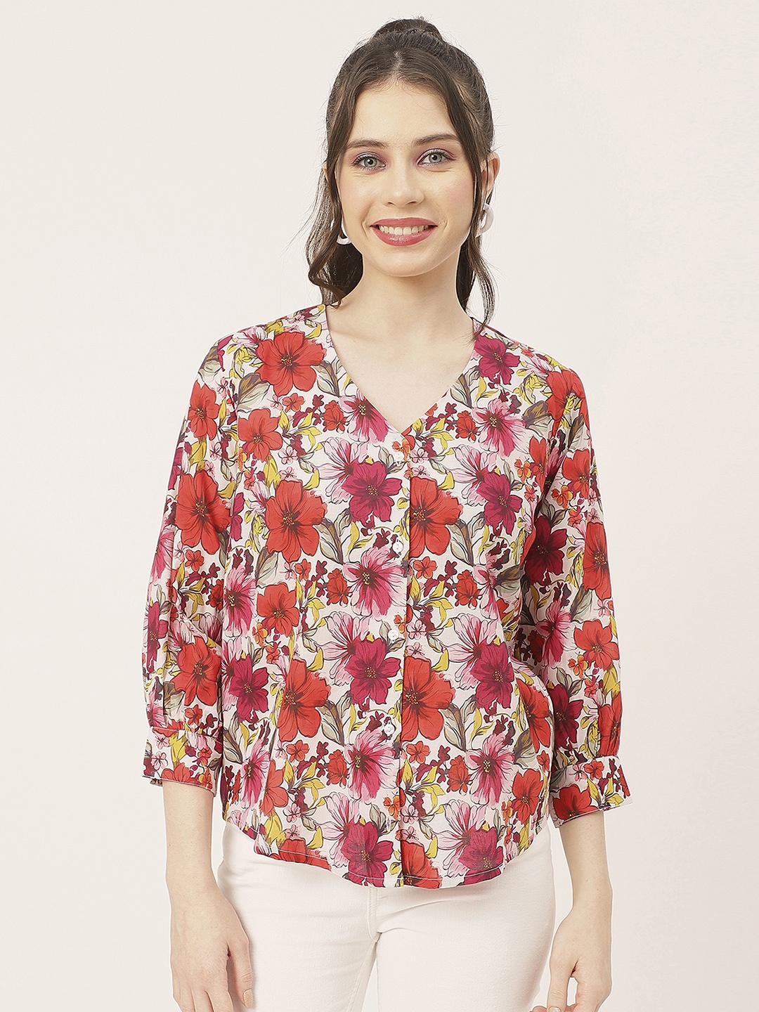 

Moomaya Floral Printed V Neck Tops, Multi