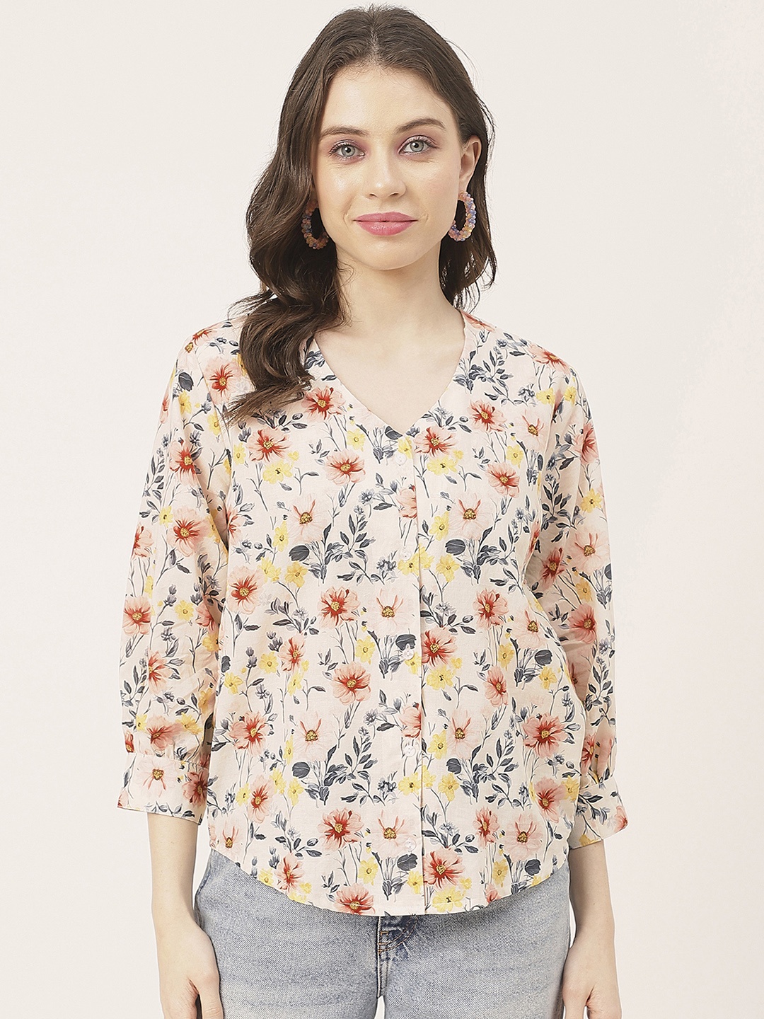 

Moomaya Floral Printed V Neck Tops, Beige