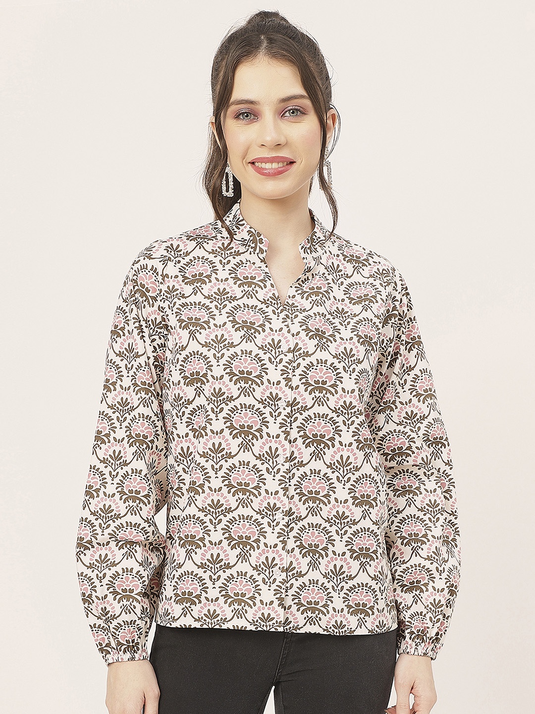

Moomaya Ethnic Motifs Printed Mandarin Collar Cotton Tops, Olive
