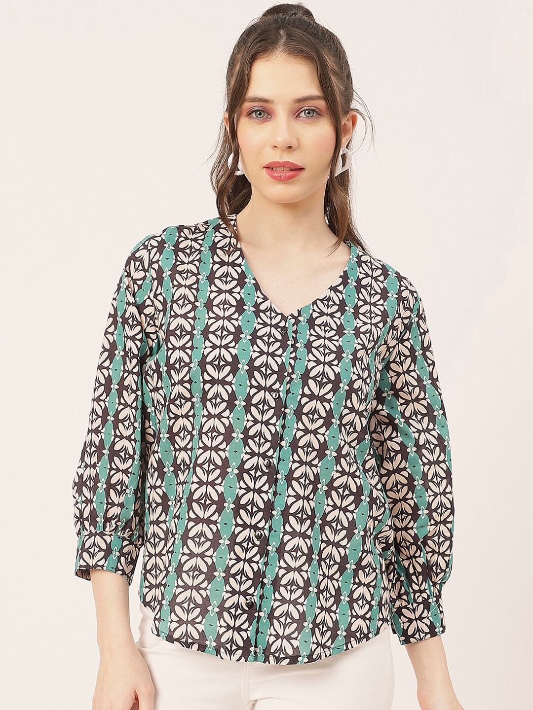 

Moomaya Floral Printed Cuffed Sleeves Cotton Casual Shirt Style Top, Black