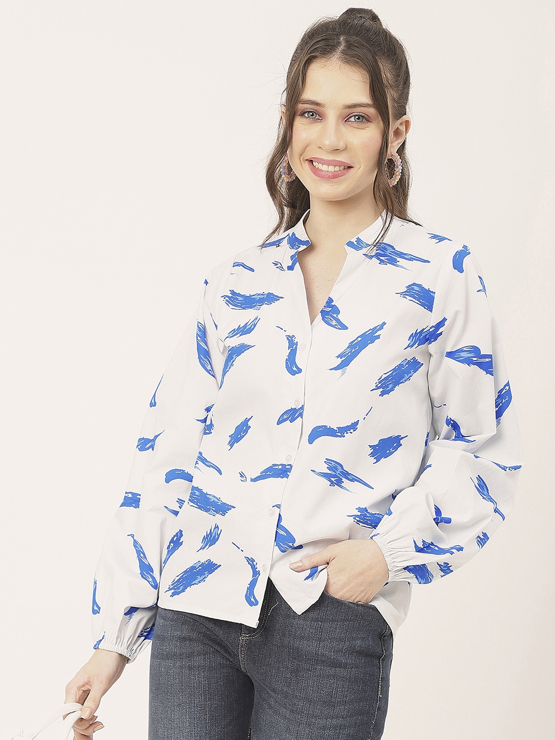 

Moomaya Abstract Printed Puff Sleeves Mandarin Collar Cotton Casual Shirt Style Top, White