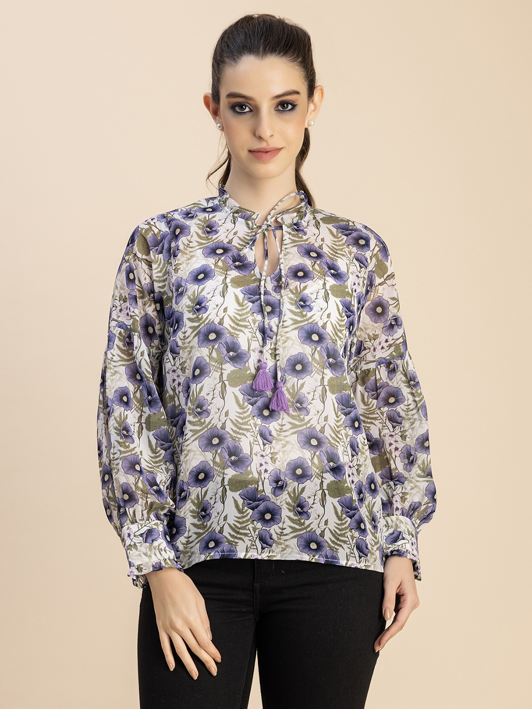 Moomaya Floral Print Tie-Up Neck Top, Off white