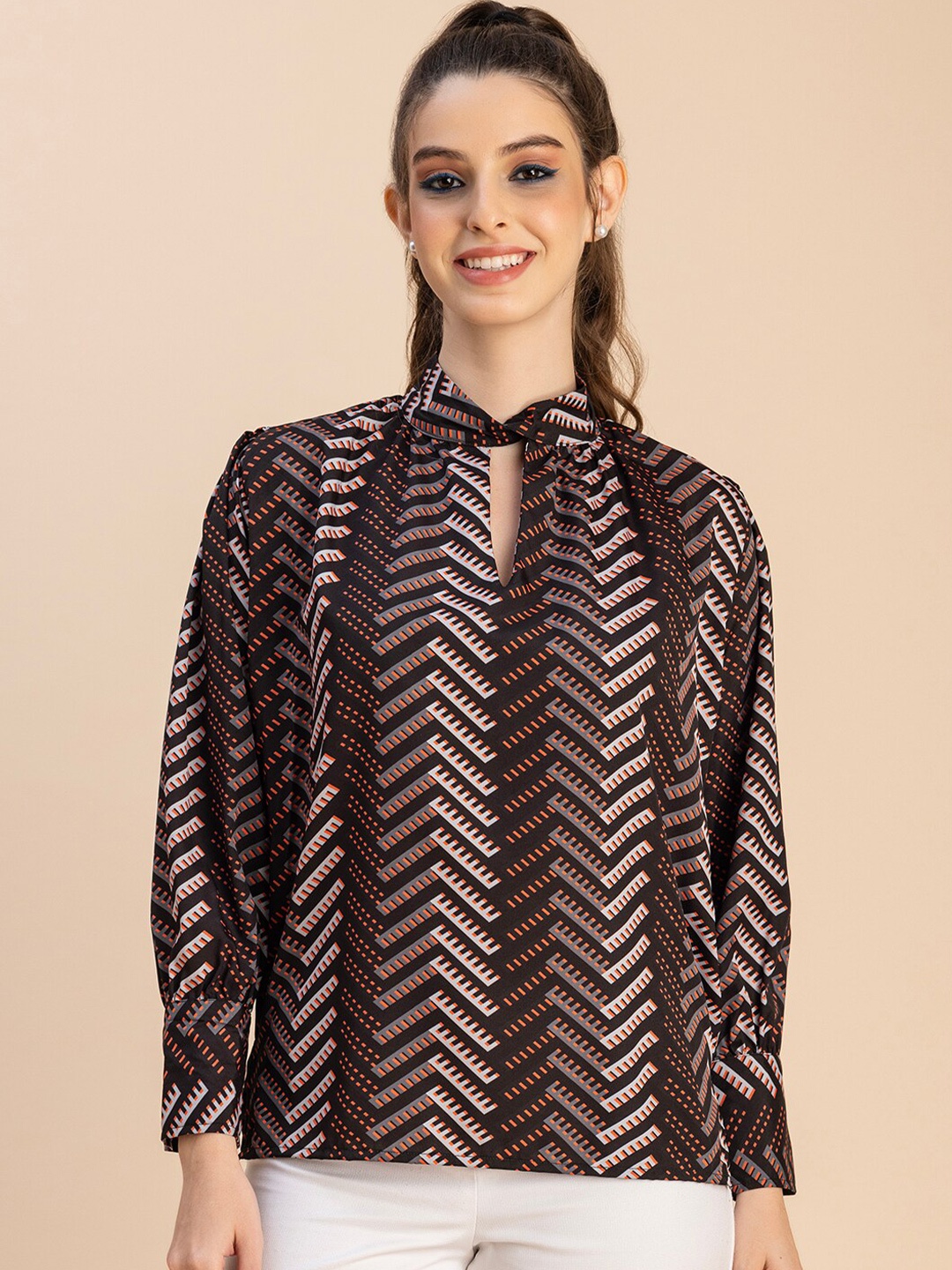 

Moomaya Geometric Printed Tie-Up Neck Crepe Top, Black