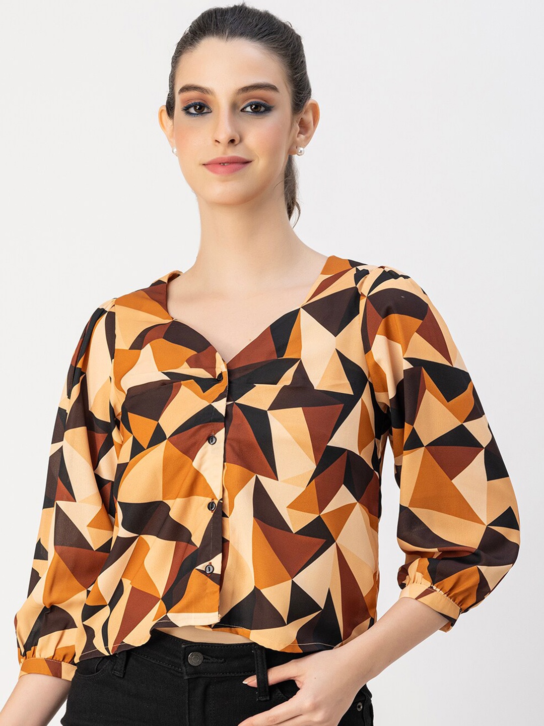 

Moomaya Geometric Printed Puff Sleeve Crop Top, Brown