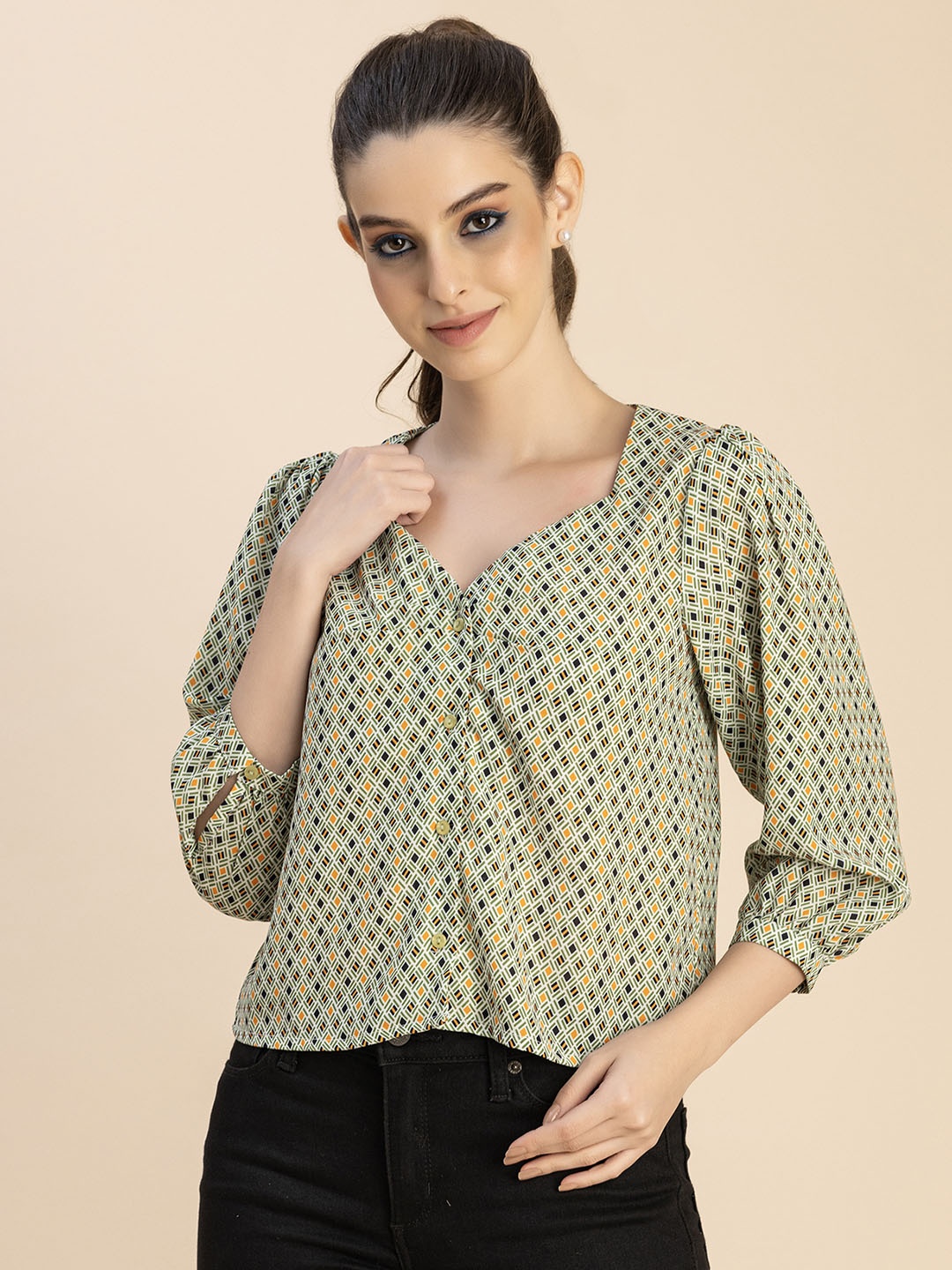 

Moomaya Geometric Printed V-Neck Top, Green