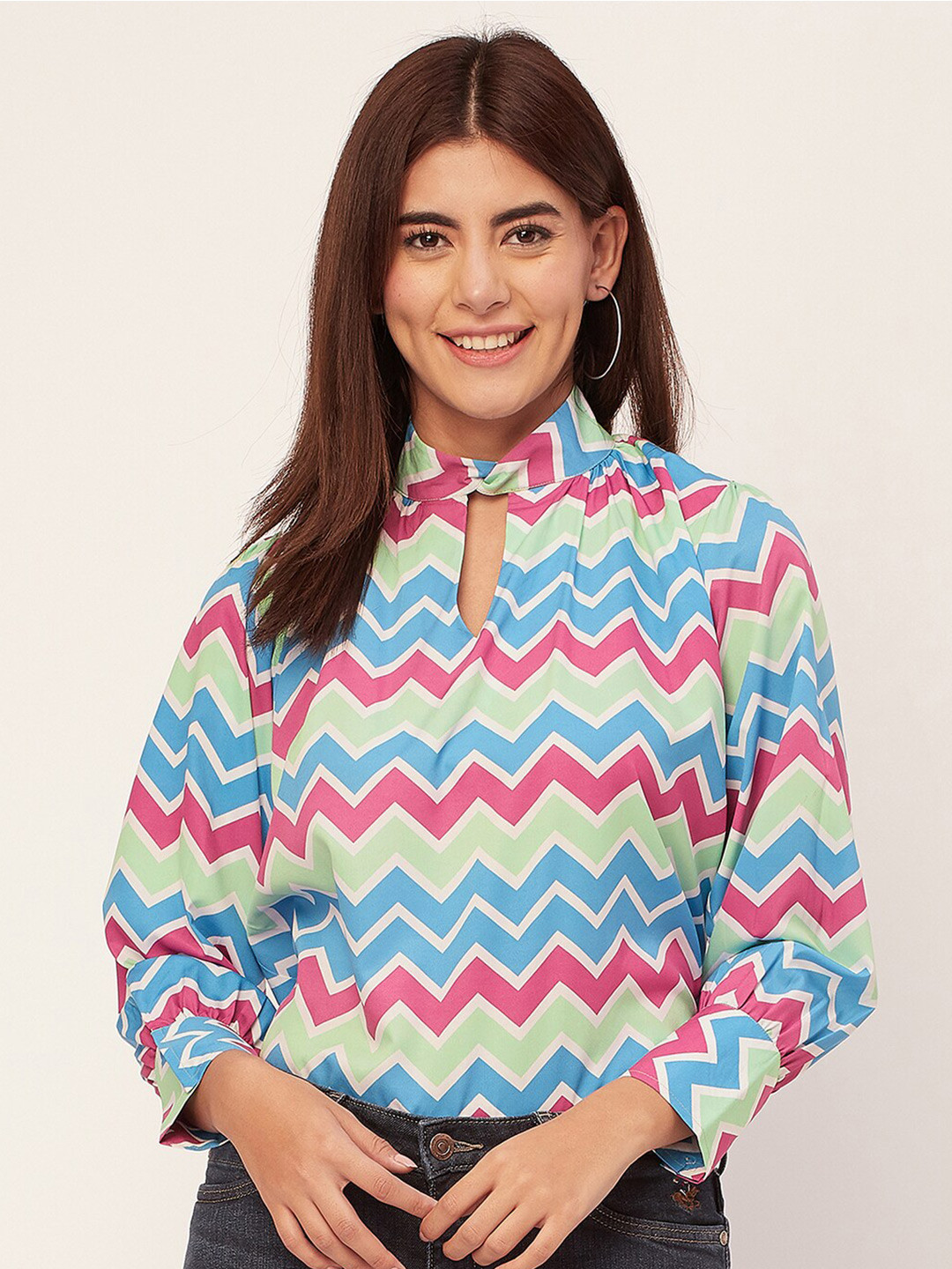 

Moomaya Geometric Printed Tie-Up Neck Crepe Top, Blue