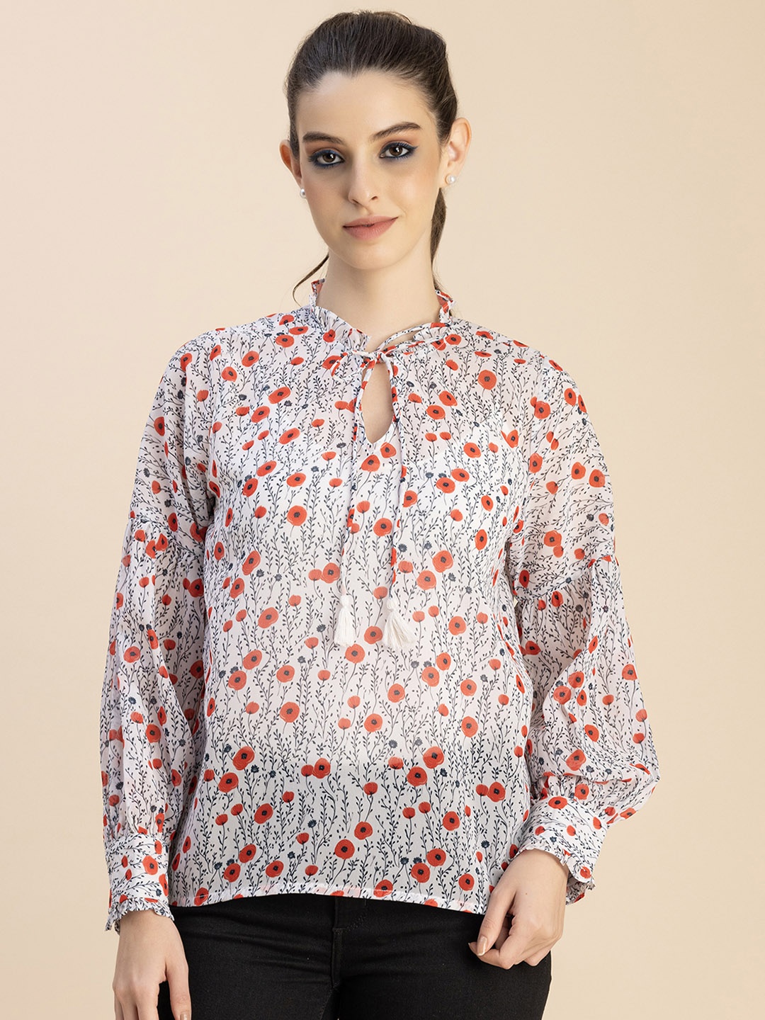 

Moomaya Floral Print Tie-Up Neck Georgette Top, White