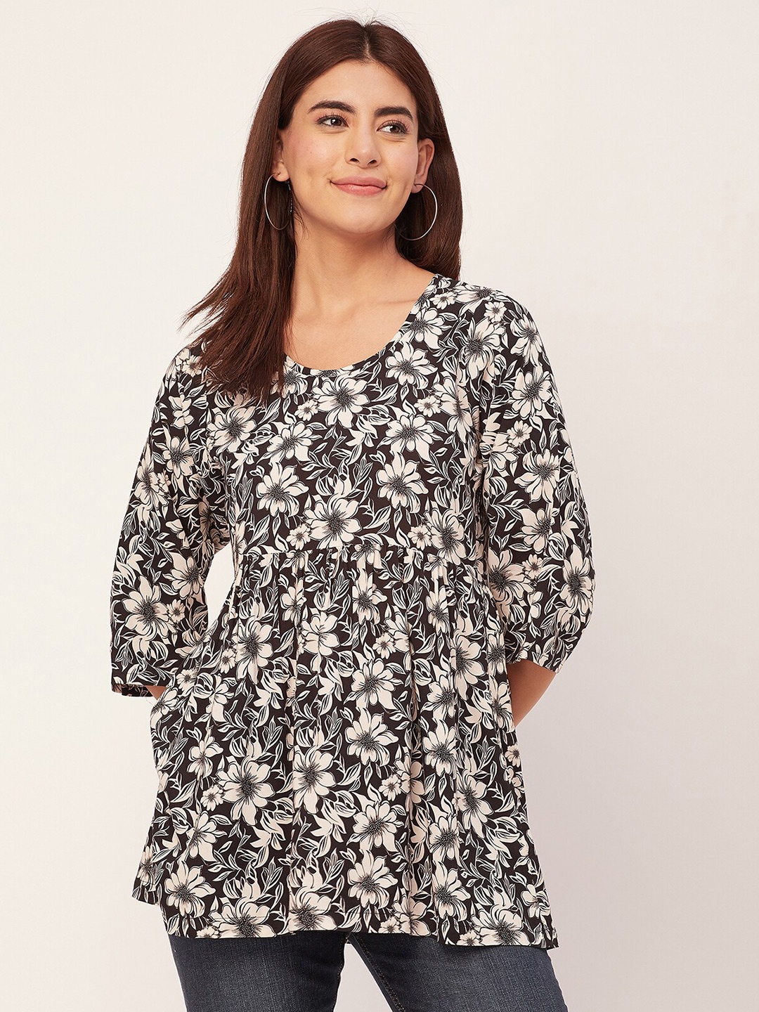 

Moomaya Floral Printed Longline Peplum Top, Black
