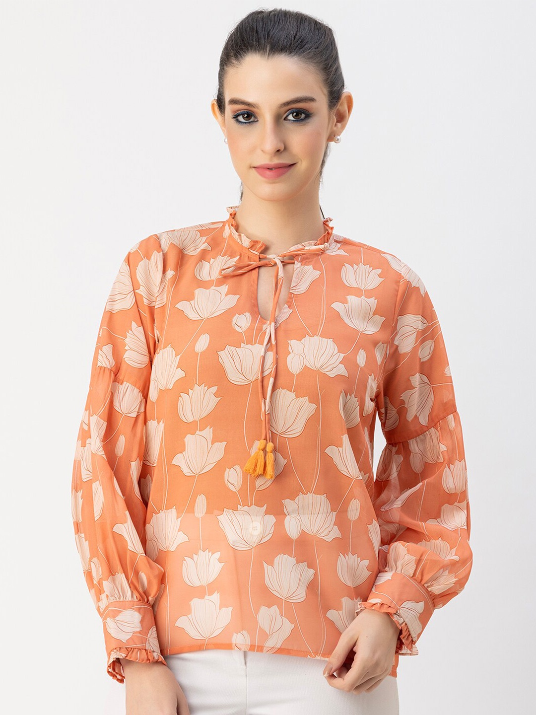

Moomaya Floral Printed Tie-Up Neck Top, Peach