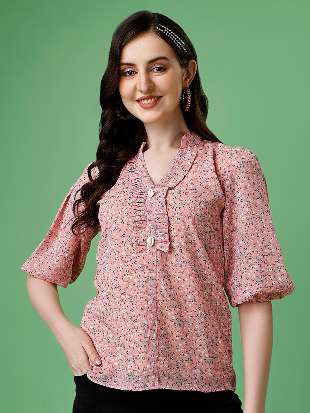 

HETVI CREATION Floral Printed Puff Sleeves Georgette Top, Orange
