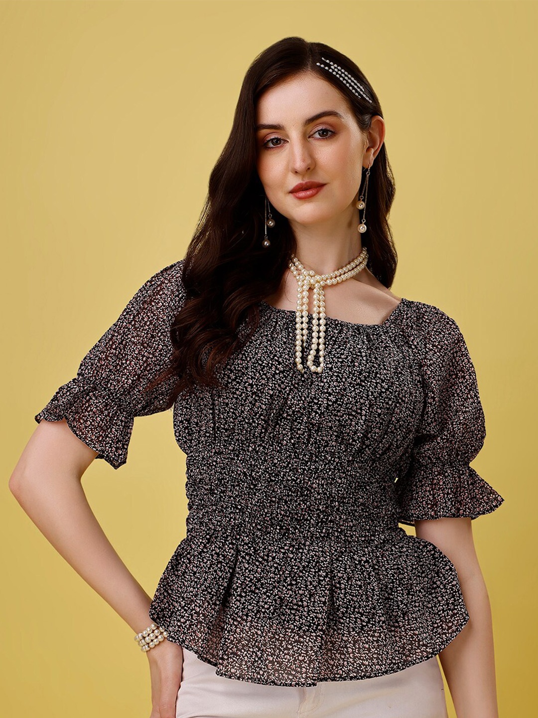 

HETVI CREATION Floral Printed Smocked Georgette Cinched Waist Top, Black