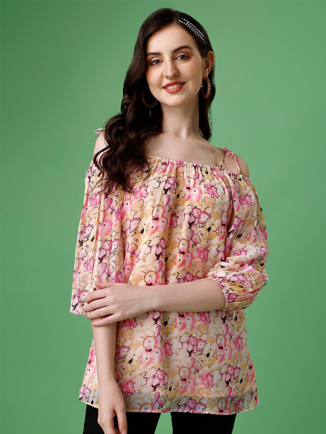 

HETVI CREATION Floral Printed Cold-Shoulder Sleeves Georgette Bardot Top, Beige