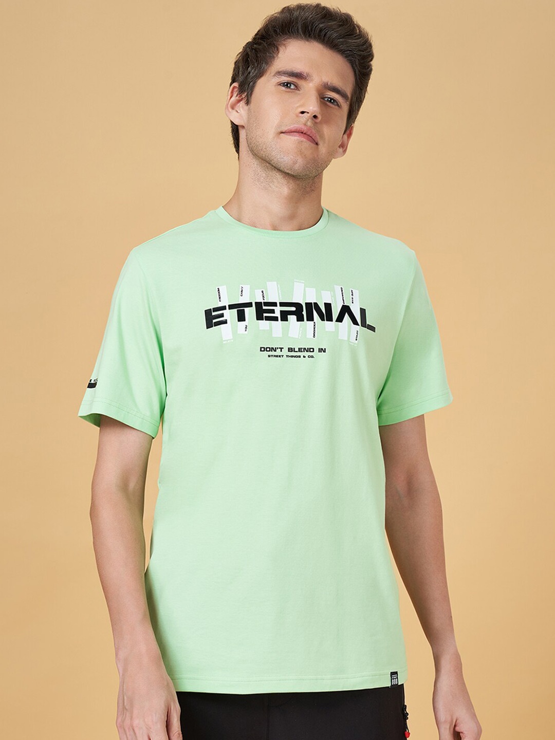 

Street 808 by Pantaloons Round Neck Typography Printed Cotton T-shirt, Green