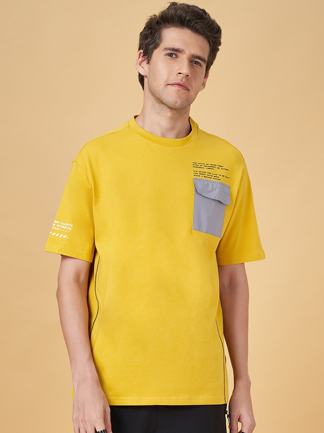 

Street 808 by Pantaloons Round Neck Short Sleeves Pockets Cotton T-shirt, Yellow