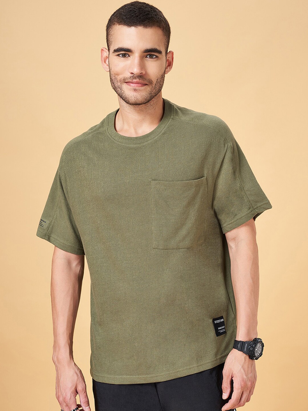 

Street 808 by Pantaloons Round Neck Short Sleeves Pockets Cotton Boxy T-shirt, Green