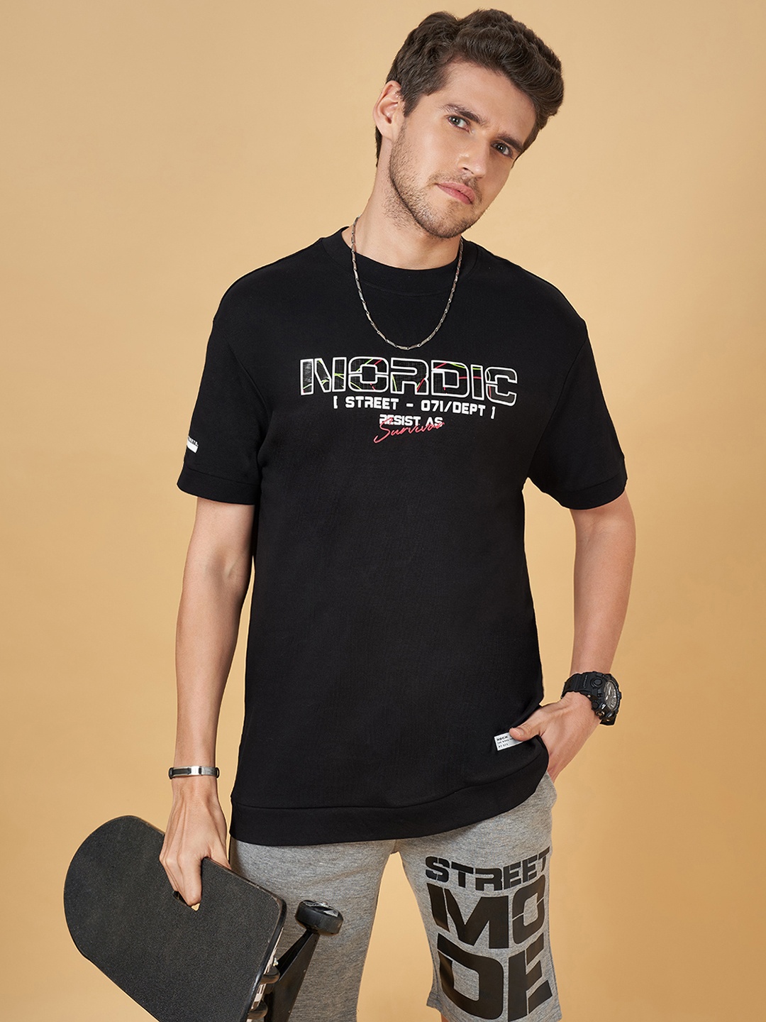 

Street 808 by Pantaloons Typography Printed Pure Cotton T-shirt, Black