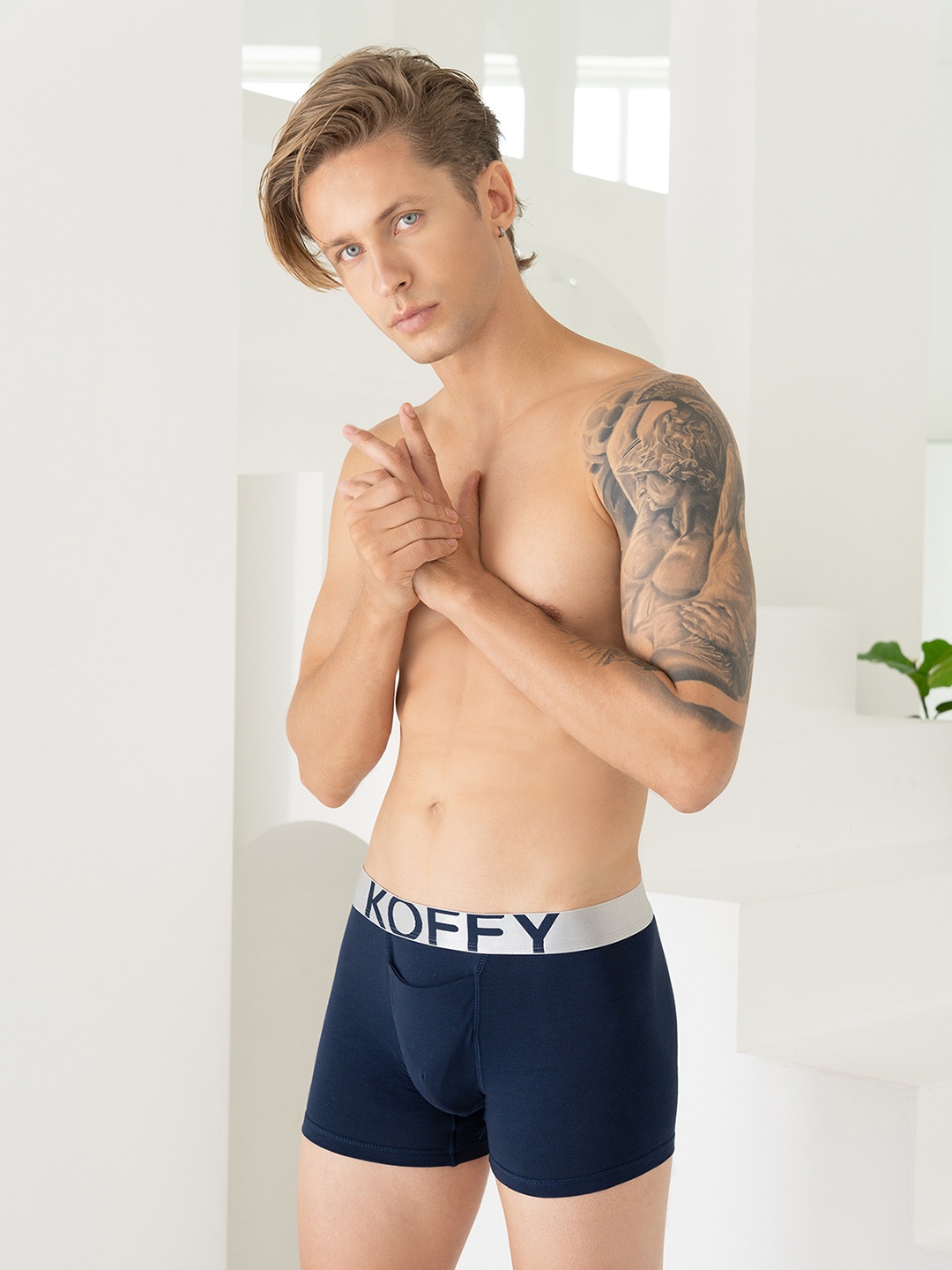 

KOFFY Men Mid Rise Front Open 4 Way Stretch Anti-Microbial Long Trunks, Blue