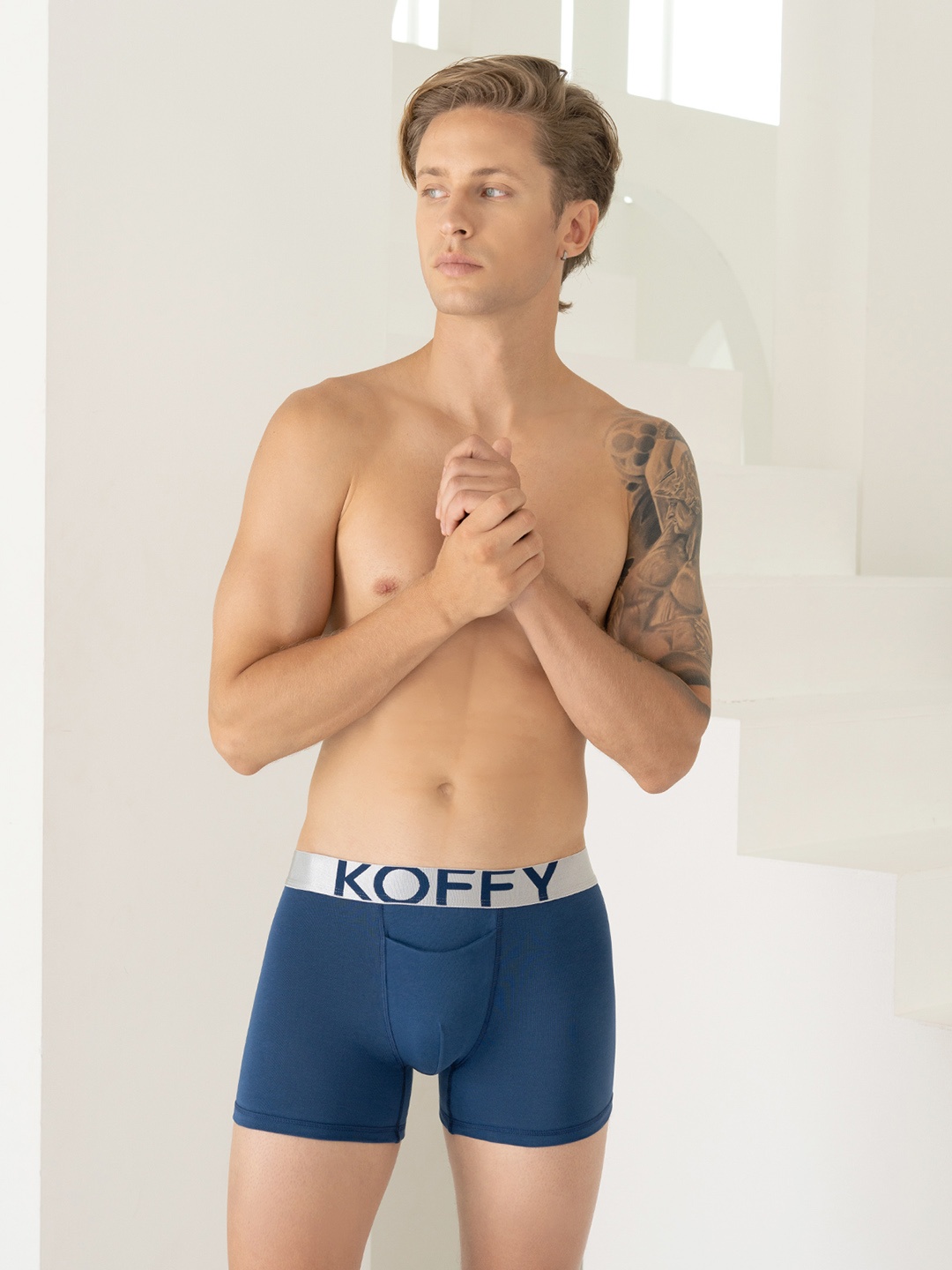 

KOFFY Men Mid Rise Front Open 4 Way Stretch Anti-Microbial Long Trunks, Blue