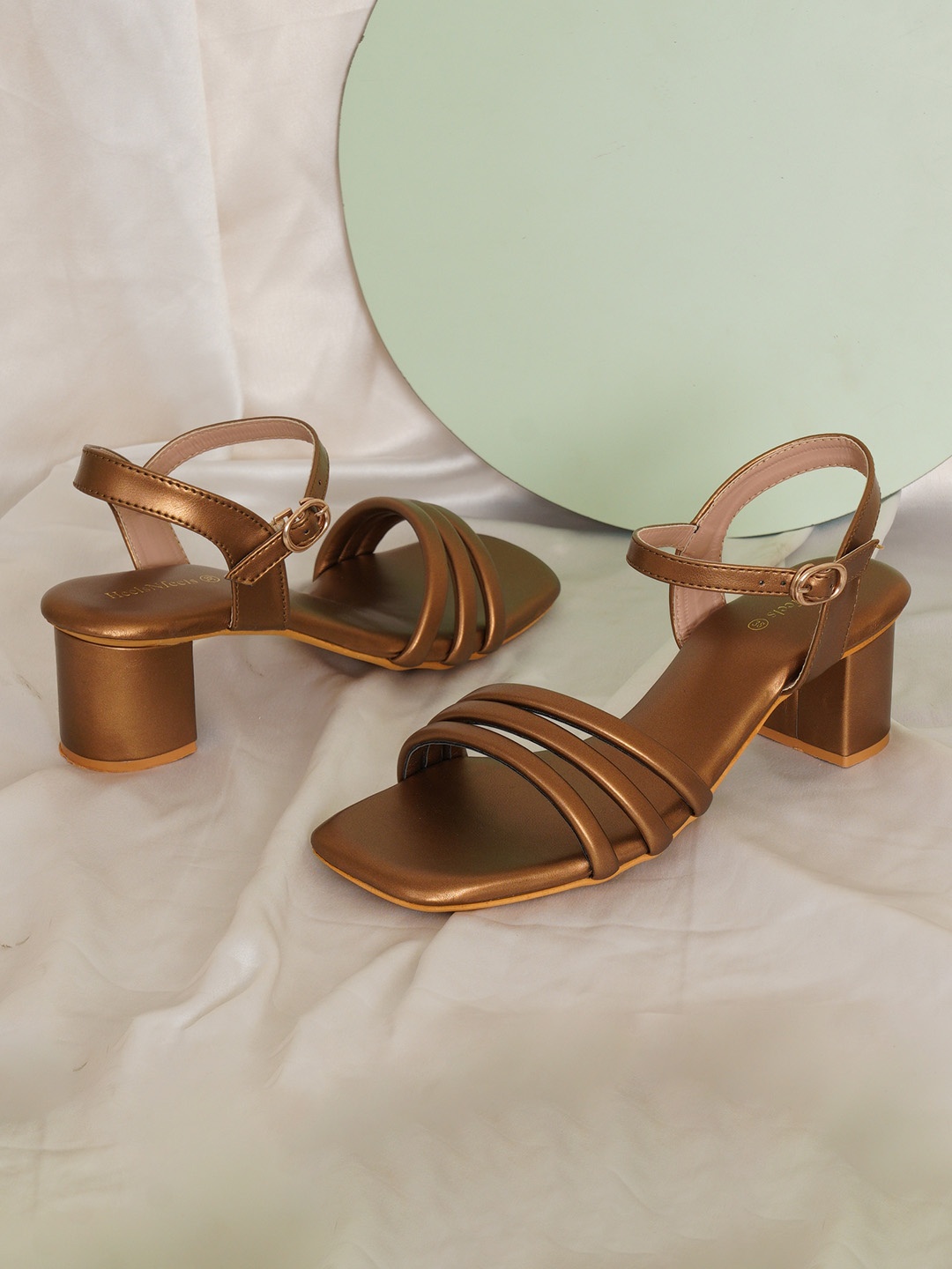 

HEELSNFEELS Strappy Open Toe Block Heels, Copper
