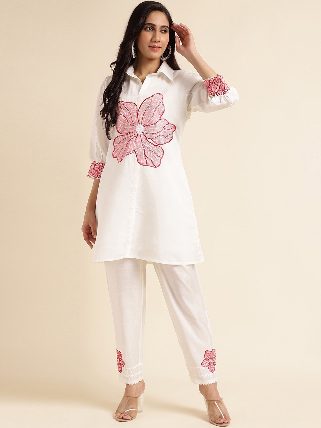 FABMORA Floral Embroidered Thread Work Kurta With Trouser, White